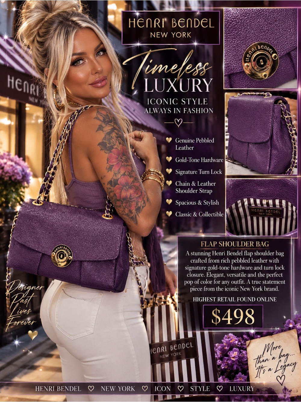 henri bendel Purple Pebbled Leather Flap Shoulder Bag with Gold-Tone Hardware